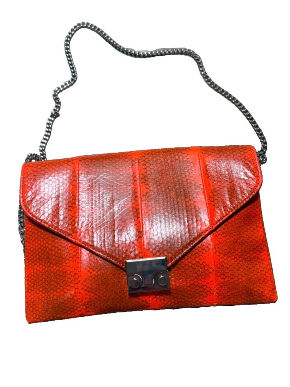 Loeffler Randall Orange Snakeskin Leather Envelope Clutch Chain Bag